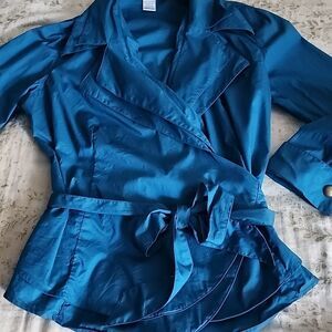 Vintage Teal Wrap Long Sleeved Jacket Shirt Shacket Size 14